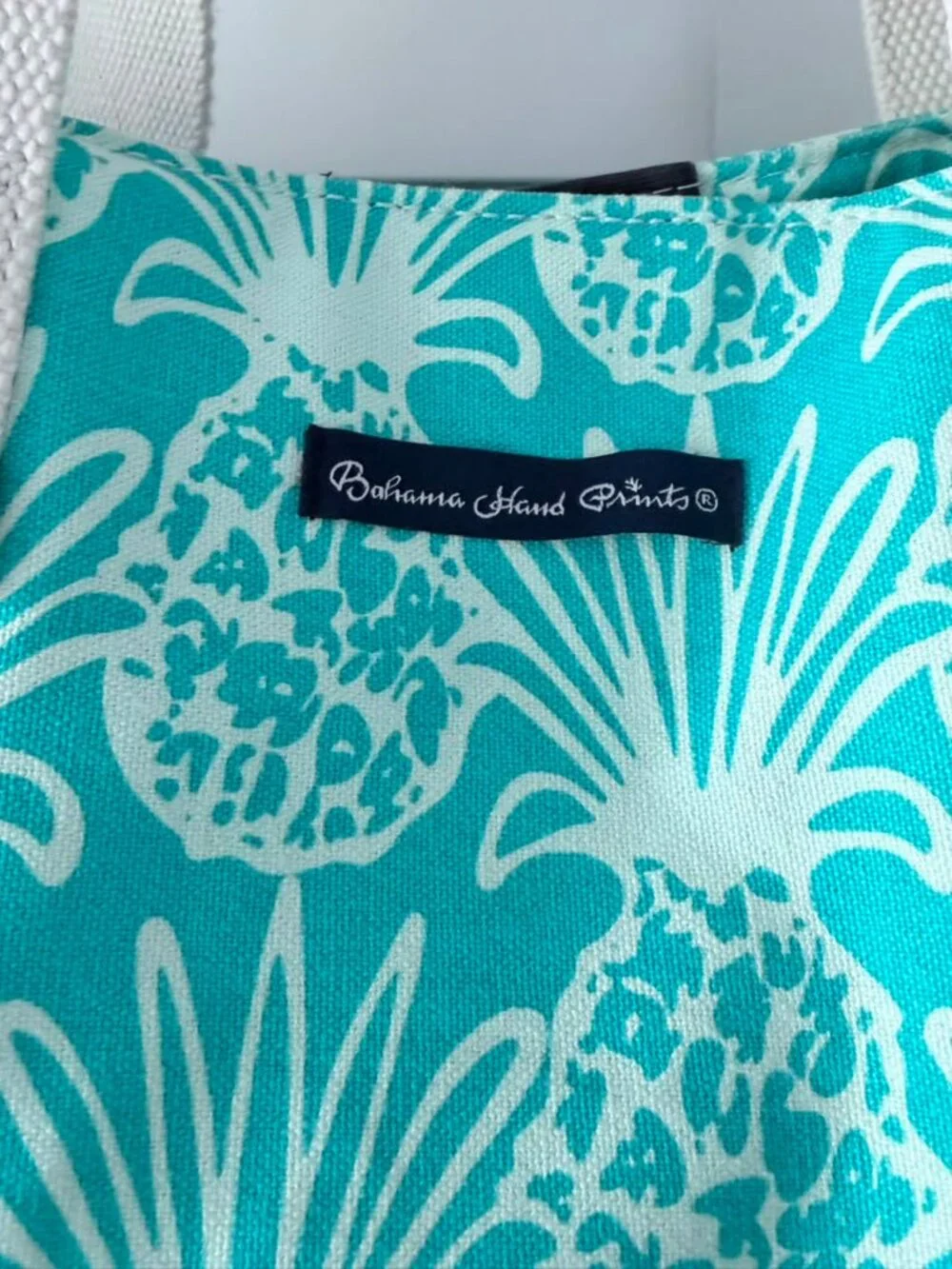 Bahama Hand Prints Pineapple Beach Tote Bag Aqua Canvas Large Shoulder Tote